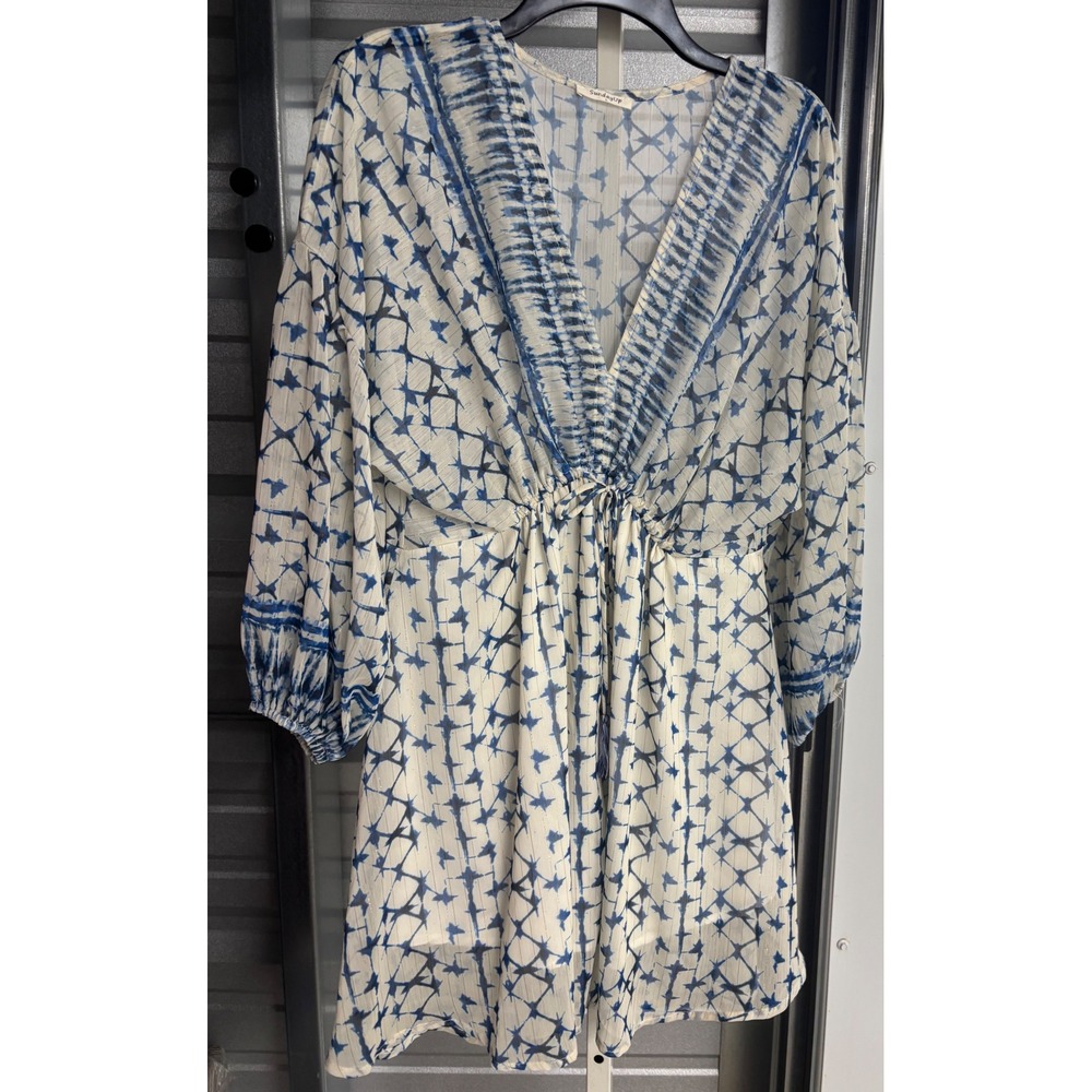 SundayUp Blue White Tie Dye Boho Mini Dress Gold Metallic Lurex Tassel Large